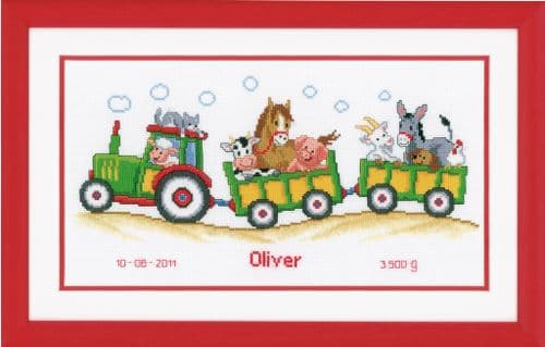 Tractor and Trailer Birth Sampler Counted Cross Stitch Kit by Vervaco