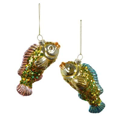 2 Christmas Baubles 115mm Glass Fish Pink & Blue with Gold Premier G221198