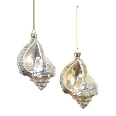 2 Christmas Baubles 115mm Glass Oyster Shell Silver & Gold Premier G221197
