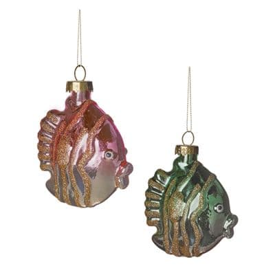 2 Christmas Baubles 85mm Glass Fish Pink, Green & Gold Premier G221199