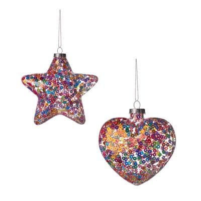 2 Christmas Baubles 90-110mm Pastel Sequin Glass Heart & Star Premier G221168