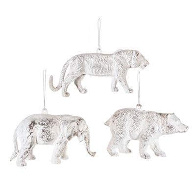 3 Christmas Baubles 12-13.5cm Antique White Elephant, Tiger & Bear Premier TD211321W
