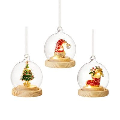 3 Christmas Baubles 80mm LED Glass w Metal Tree, Stocking & Hat Premier LB221193