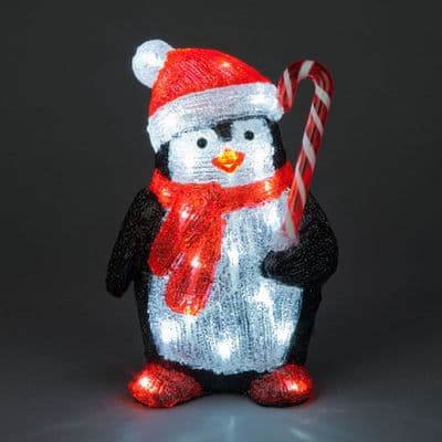 Acrylic White LED Penguin with Candy Cane Christmas Light Indoor / Outdoor Garden Decoration