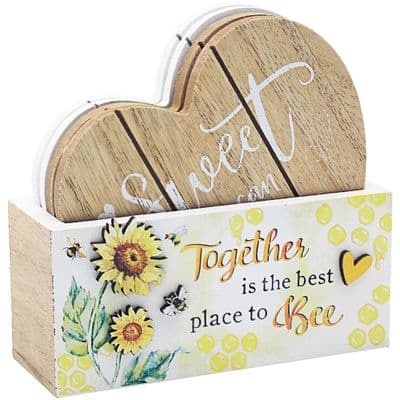 Bee Happy Bees Coasters Set of 4 Wooden with Holder