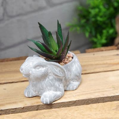 Cement Effect Rabbit Planter with Succulent, Green Purple Small Easter Decoration H9 x W10 x D5.5 cm