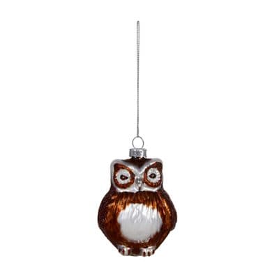 Christmas Bauble 90mm Brown Silver Glass Owl Premier G221203