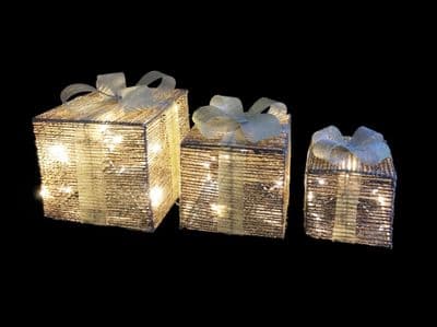 Christmas Decorations Set Of 3 Gold Glitter Parcels 40 Warm White LED Lights