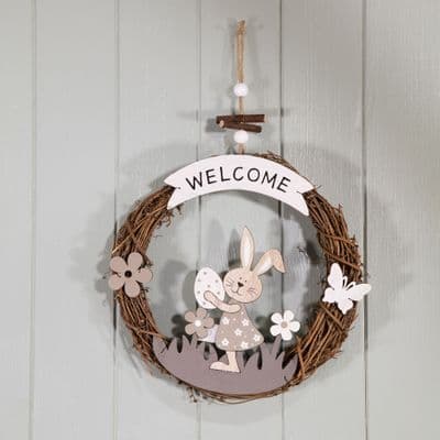 Easter Rattan Wreath Welcome Rabbit Scene 40cm Hanging Sign 25cm Diam
