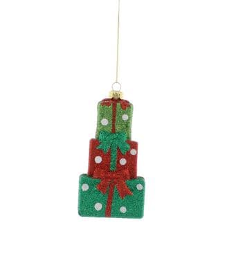 Festive 10cm Green & Red Glitter Trio Stack Presents Hanging Bauble Decoration