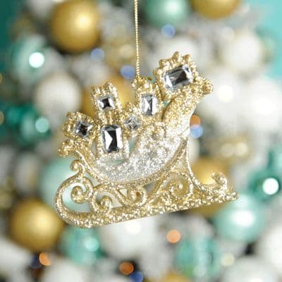Festive 11cm Silver & Gold Sleigh With Gem Presents Hanging Bauble Decoration