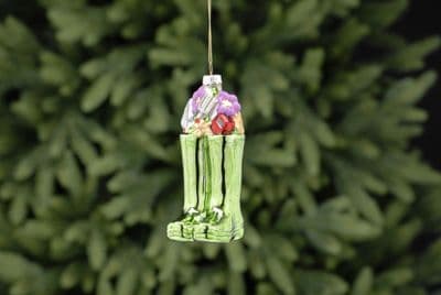 Festive 12cm Green With Flowers Glass Wellies Hanging Bauble Decoration