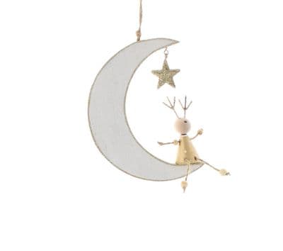 Festive 14cm White & Gold Wooden Moon & Reindeer Hanging Bauble Decoration