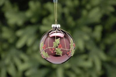 Festive 8cm Burgundy Green Holly Leaf Glass Ball Hanging Bauble Decoration
