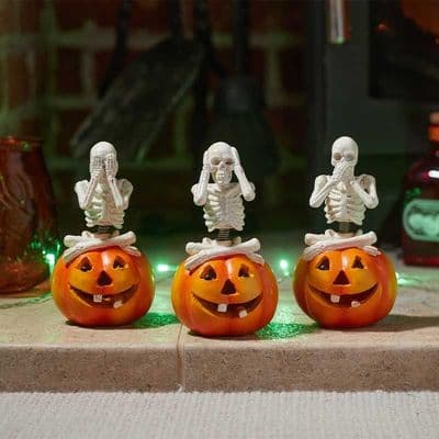 Halloween Decoration 3 Wise Skeleton Pumpkins See No Hear No Speak No Evil