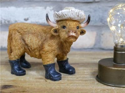 Highland Cow Ornament Wearing Wellies and Hat Home Decoration Gift Large or Small