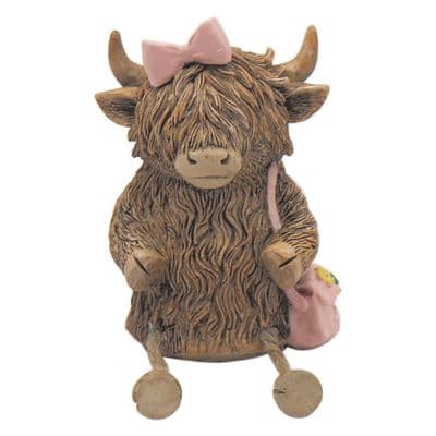 Highland Cow Sitting Ornament Dangly Legs Pink Bow