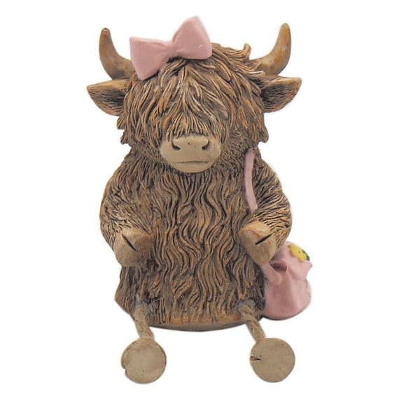 Highland Cow Sitting Ornament Dangly Legs Pink Bow