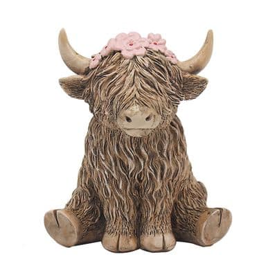Pink Flower Sitting Highland Cow Flower Girl Ornament