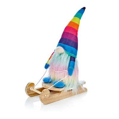 Rainbow Gonk on Wooden Sleigh Christmas Decoration Plush 36cm