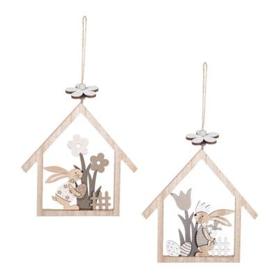 Set of 2 Wooden Easter House with Rabbit Scene Hanging Ornament