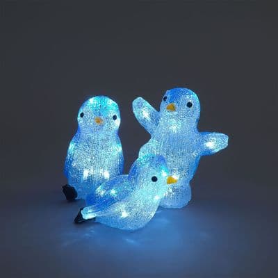 Set of 3 Acrylic Penguins Ice LED Christmas Decoration Blue & White Indoor Outdoor
