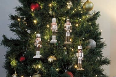 Set of 4 Wooden Gold and White Glitter Nutcracker Christmas Tree Decorations 2538005