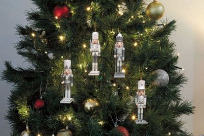 Set of 4 Wooden Silver and White Glitter Nutcracker Christmas Tree Decorations 2538010