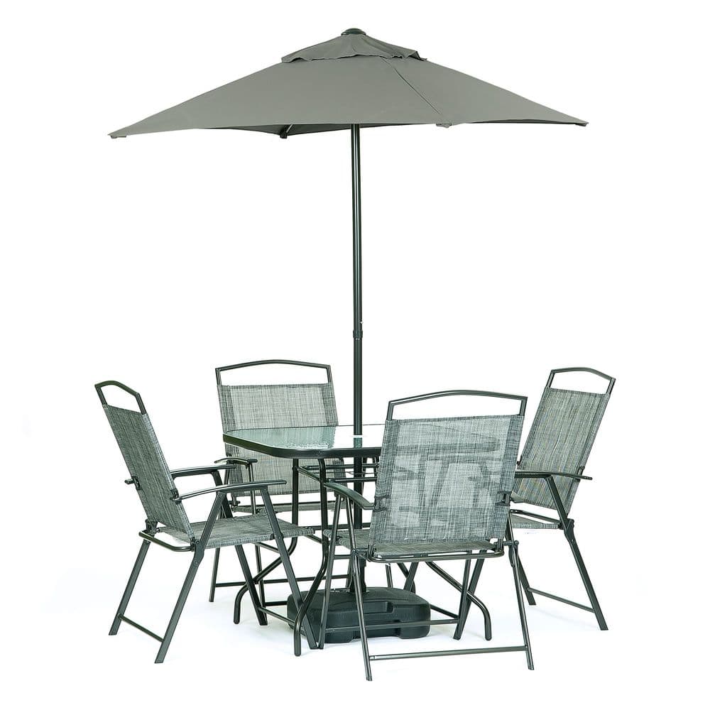 SunTime Oasis Four Seater Grey Garden Steel Dining Set With Outdoor Parasol Base Table