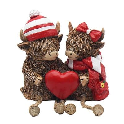 The Reds Couple Highland Cow Sitting Ornament Couple Gift Dangly Legs Gift Boxed