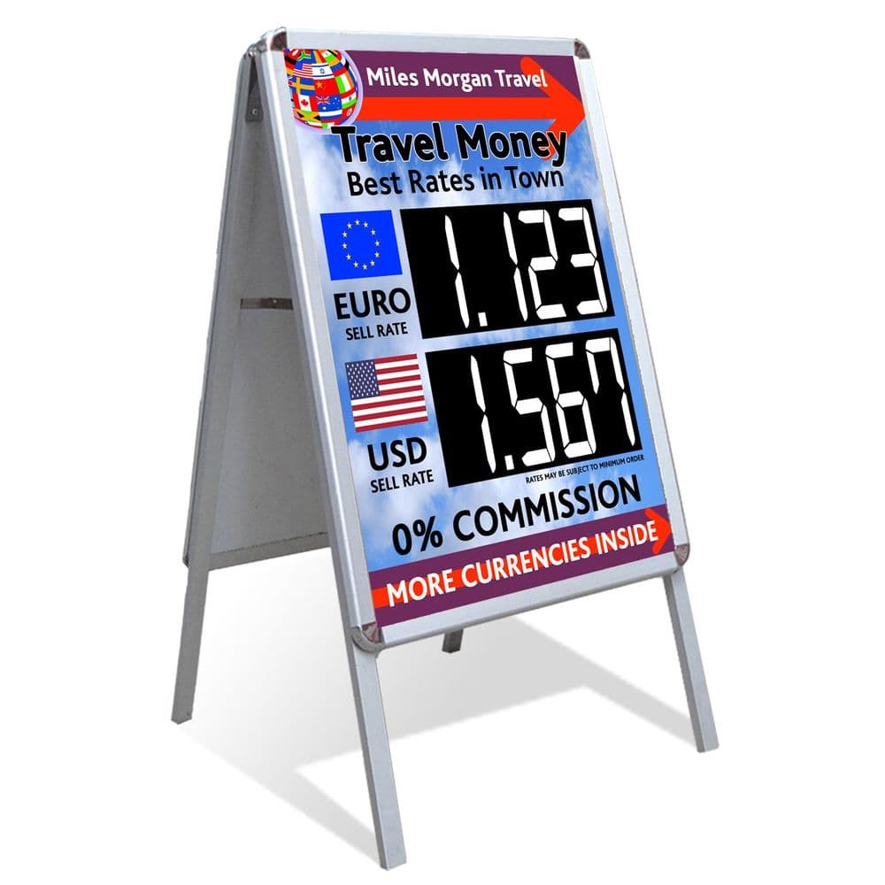 A2 Sized Manual Exchange Rate Board for 2 Currencies with pavement stand