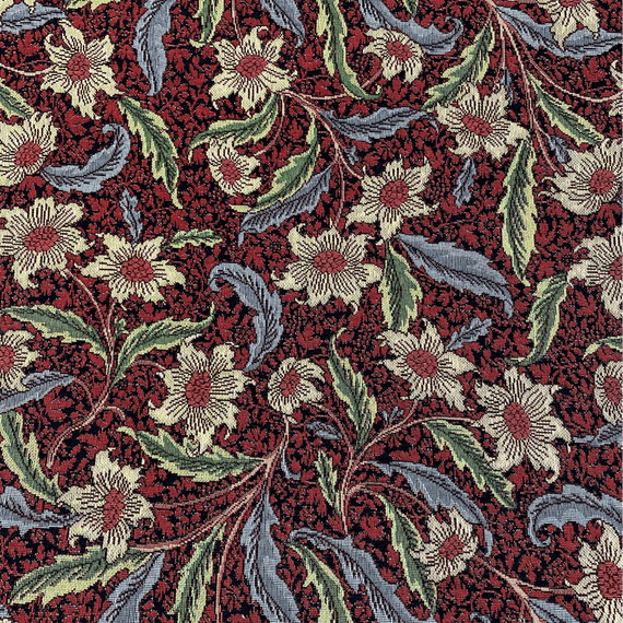 Beaujolais Red Gold Floral - Cotton Mix Tapestry Fabric