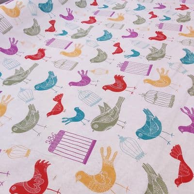 Birds and Cages - Curtains Soft Furnishings Cotton Fabric  - Multi-coloured on White