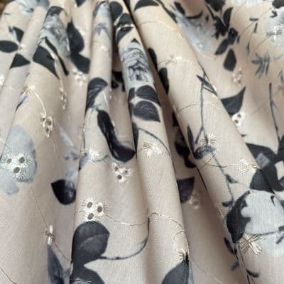 Broderie Anglaise: Grey Florals on Beige