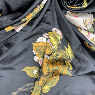 BUTTERFLIES & FLORAL ON BLACK : Satin Dressmaking Polyester Fabric