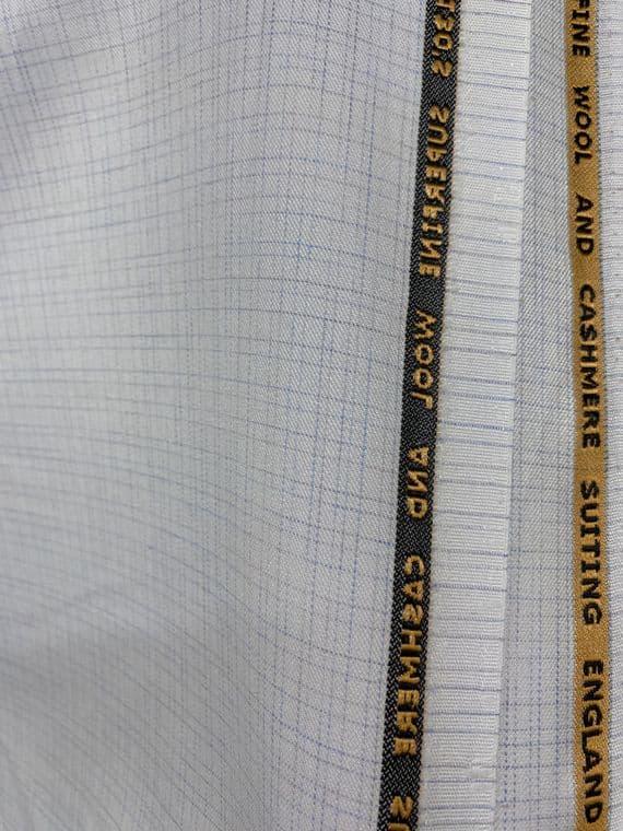Cashmere Wool Fabric - Fine Blue Check on White - Super 130