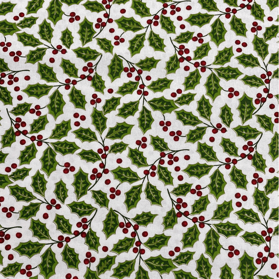 Christmas Holly and Berries Gold outline - 100% Cotton Printed Fabric