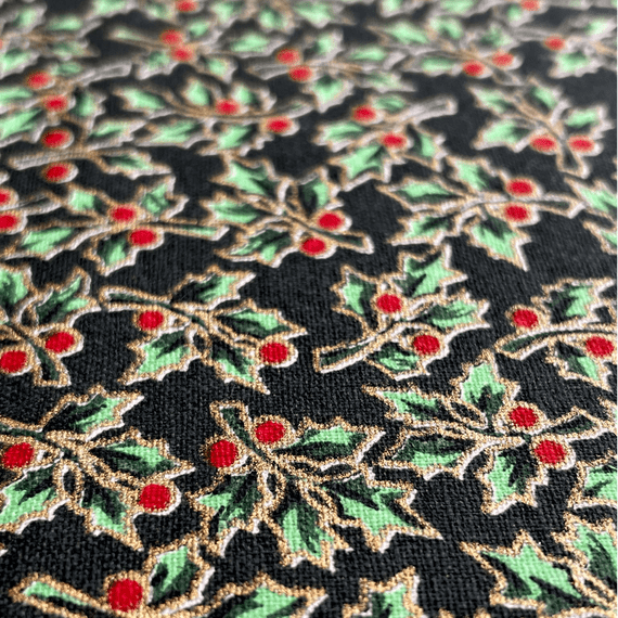Christmas Holly Gold outline on Black - 100% cotton fabric