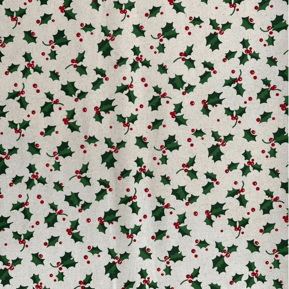 Christmas Holly on Natural Background - 100% cotton fabric