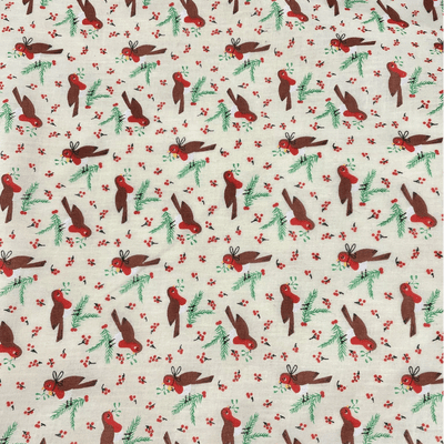Christmas Robins on Cream Background - 100% Cotton Fabric