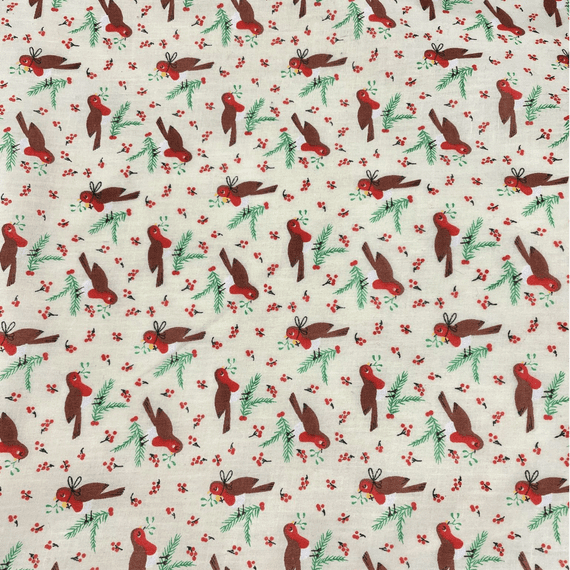 Christmas Robins on Cream Background - 100% Cotton Fabric