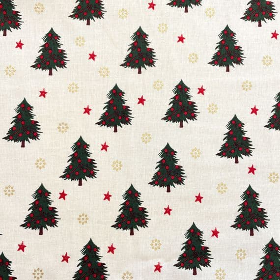 Christmas Trees with Gold Snowflakes  - 100% Cotton Printed Fabric