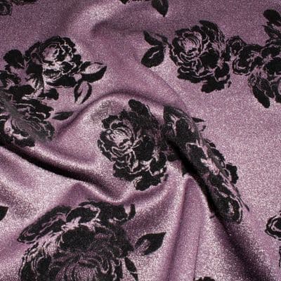 Flock Print Glitter Scuba - Jersey Dress Fabric - Black Roses On Purple