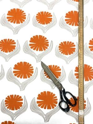 Floral - Curtain Blind Fabric - Bold Flowers - By The Metre - Orange & Grey on Cream