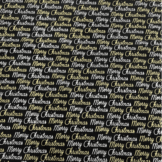 Glittery Silver and Gold Merry Christmas on Black - 100% Cotton fabric