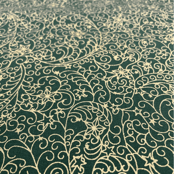 Gold Stars and Swirls on Green Christmas Fabric - 100% Cotton Printed