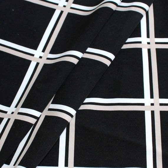 Graph Check Ponte Roma  Polyester Jersey Dress Fabric -  White Grey Black