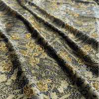 Green Floral and Gold Stretch Polyester Velvet