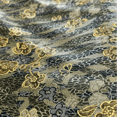 Green Floral and Gold Stretch Polyester Velvet
