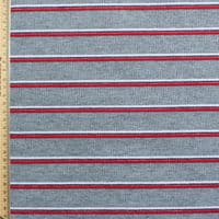 Grey Ribbed Polyester Jersey Dress Fabric - Narrow Red White Black Stripes